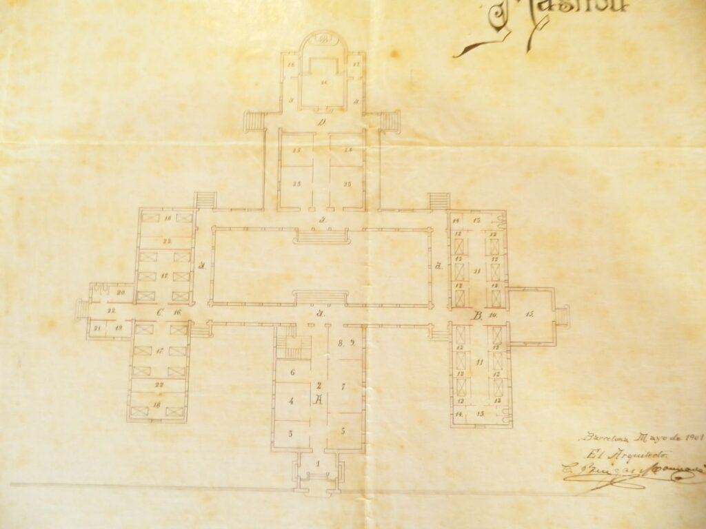 Projecte de la planta de la Casa Benèfica, 1898–1901. Gaietà Buïgas i Monravà.