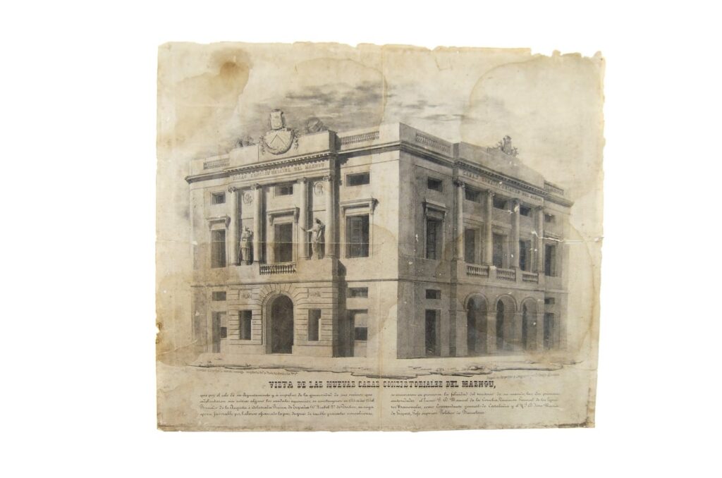 Vista de la nuevas casas consistoriales del Masnou, 1845. Onofre Alsamora. Arxiu Municipal del Masnou.